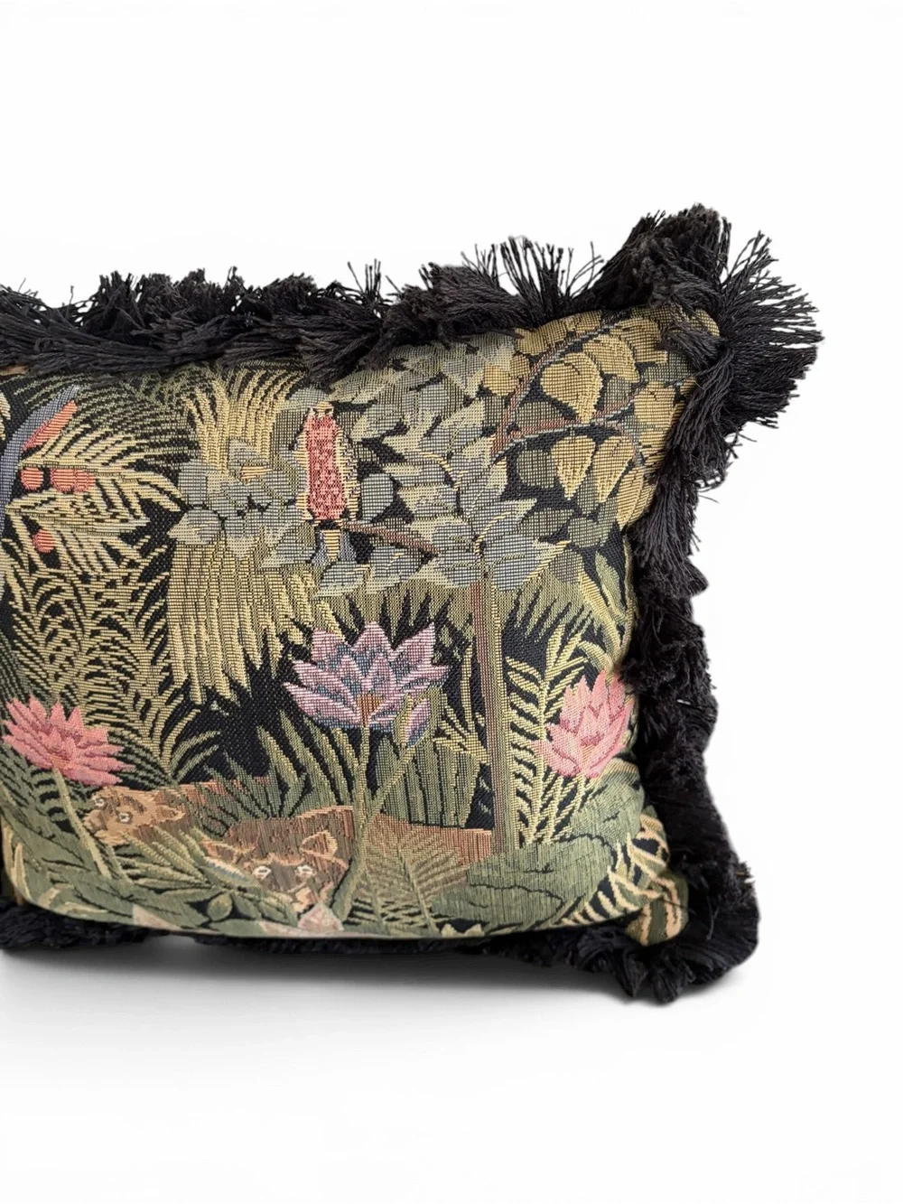 Vintage Black Floral and Animal Tapestry Accent Pillow